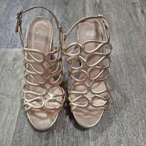 GC Shoes Posh Gold Metallic Caged Block Heel Sandals sz 7.5 Slingback Strappy